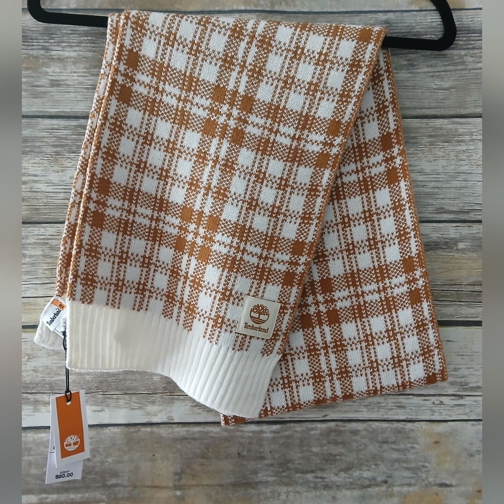 Timberland Buffalo Plaid Knit Scarf, Orange/cream, NWT